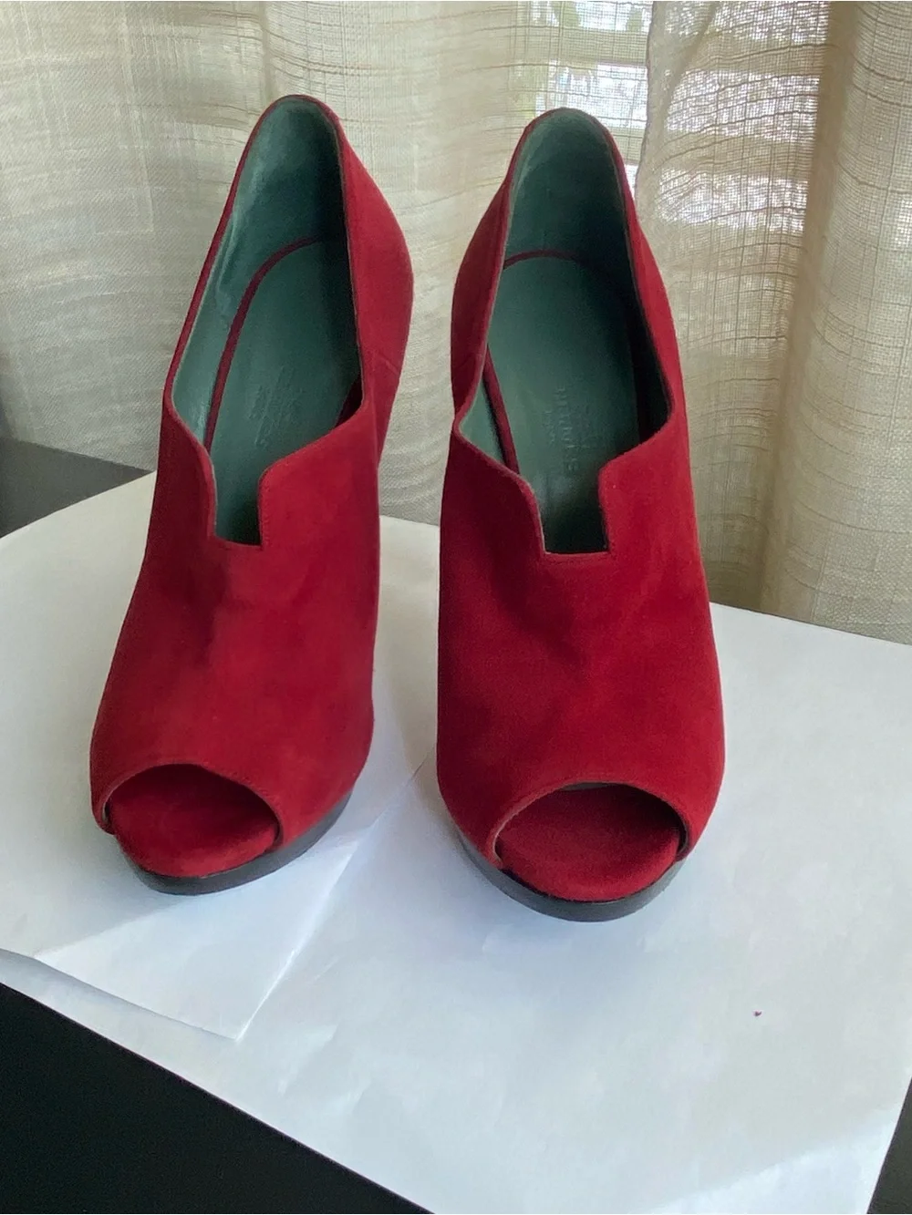 Hermes Red Suede Peep-Toe Stiletto Booties boots slides sandals 37 Italy pumps